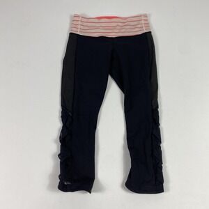 Lululemon Pants Womens 6 Navy Crop Leggings Mesh Lattice Hem Striped‎ Waist